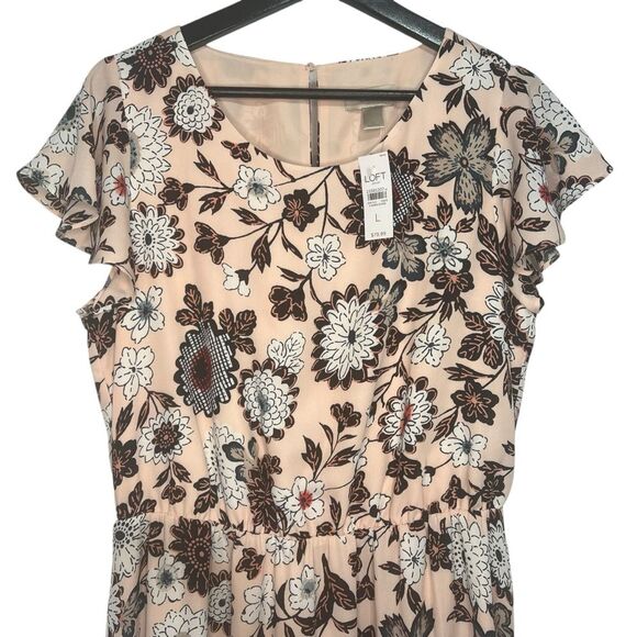 LOFT Floral Dress Womens Large Flutter Sleeve Blush Pink Romantic Feminine - Picture 2 of 5